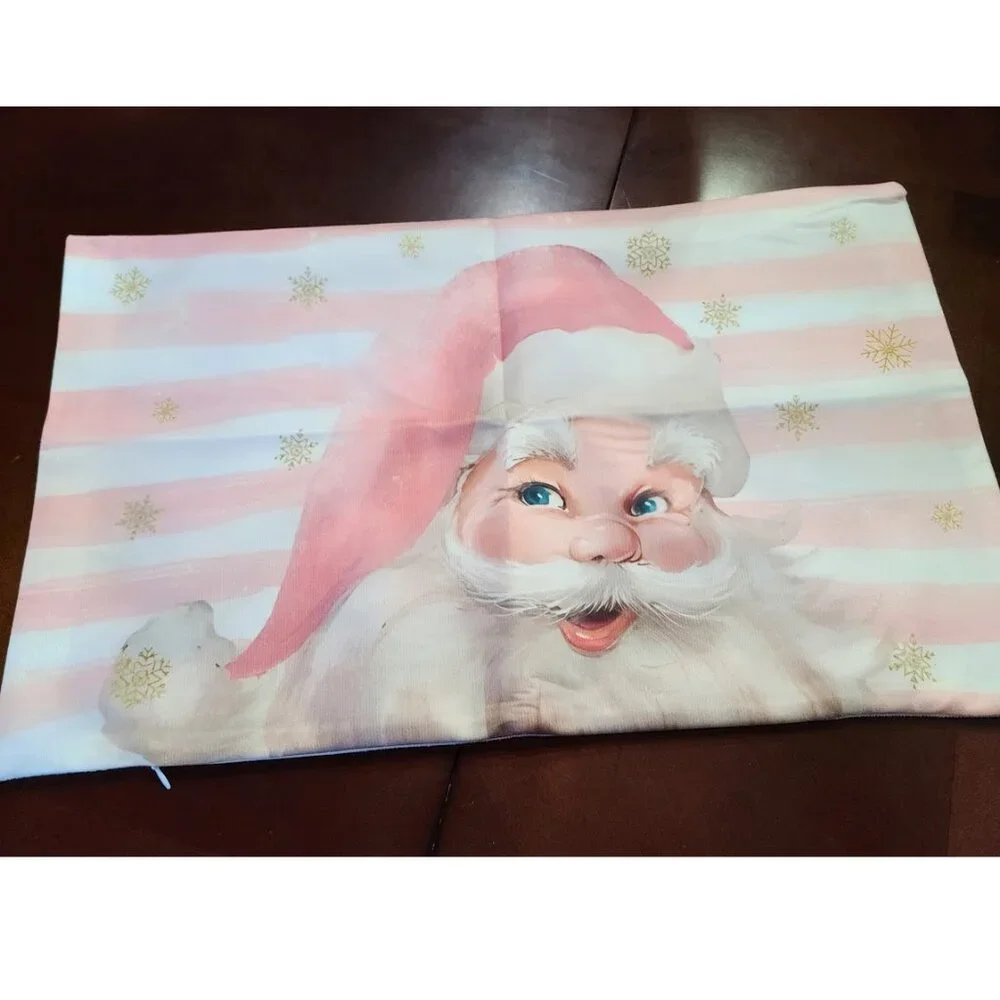 Santa Christmas Pillow Cover Holiday Decor Soft Pink Xmas Accent Throw Case 20